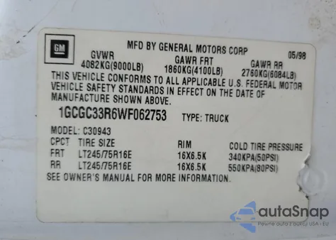 1998 Chevrolet Gmt-400 C3500 z USA, uszkodzony, nr VIN 1GCGC33R6WF062753